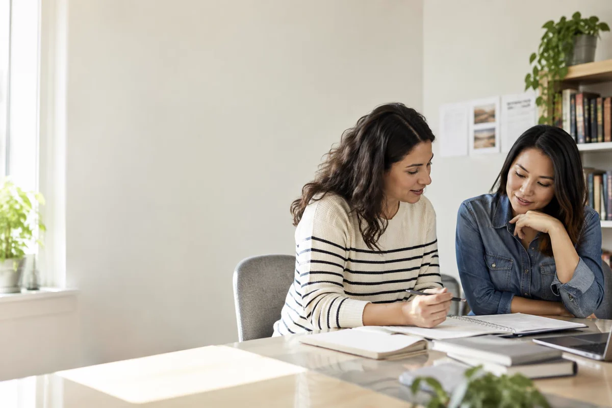 Two teachers reviewing classroom work together